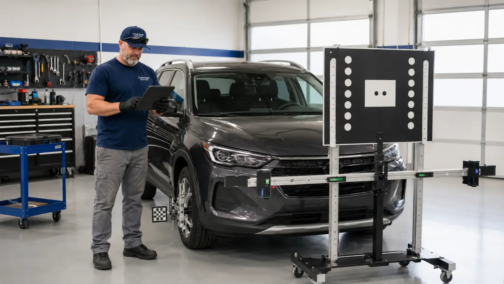 Clear Image technician running an ADAS calibration with a target board after windshield replacement