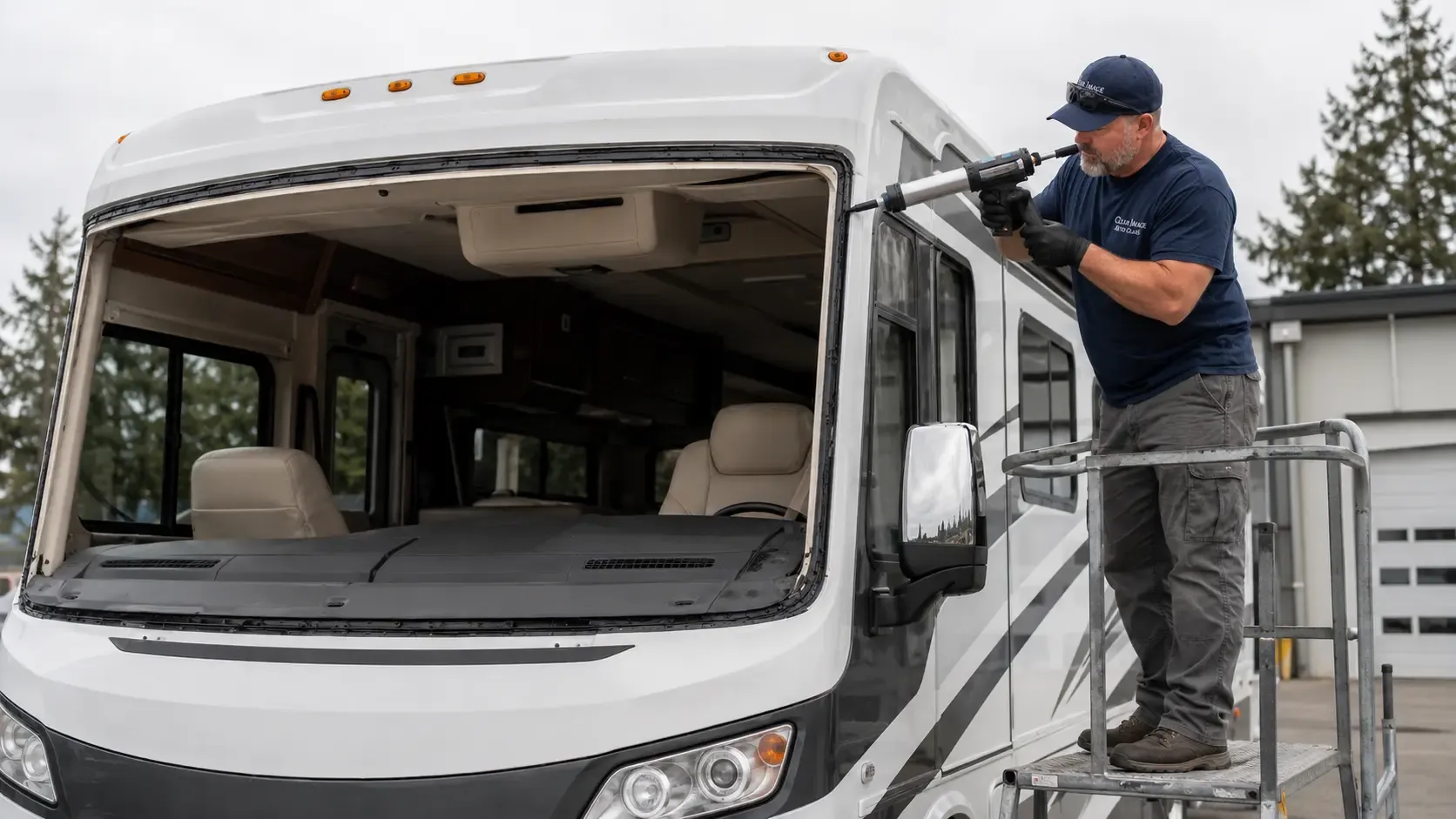 Clear Image technician preparing a motorhome windshield opening with urethane