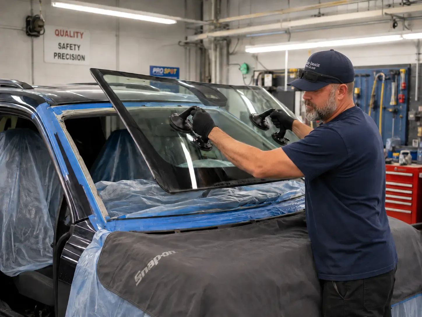Clear Image technician positioning a replacement windshield in a protected workshop bay.