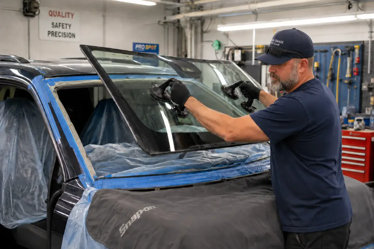 Clear Image technician carefully removing a windshield in a body shop repair bay