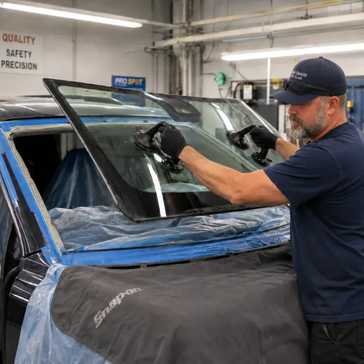 Automotive glass service being prepared in a workshop repair bay