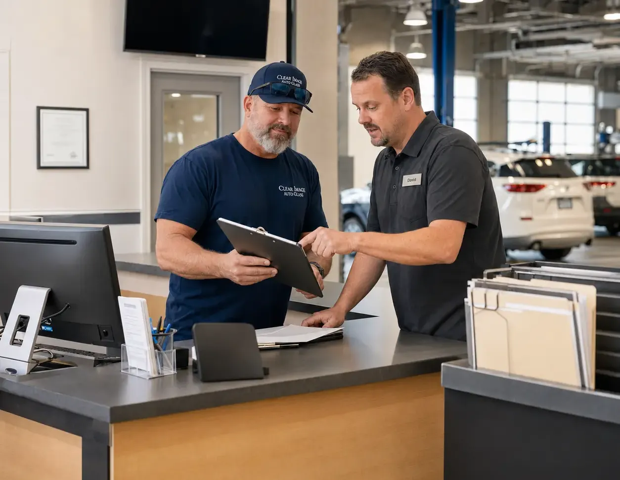 Clear Image Auto Glass technician speaking with a body shop manager