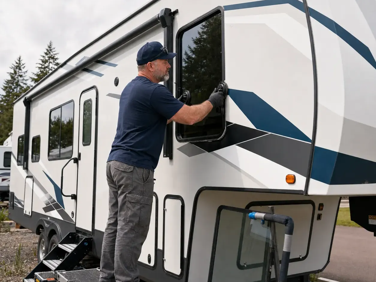 Clear Image technician installing a side window on a fifth-wheel trailer