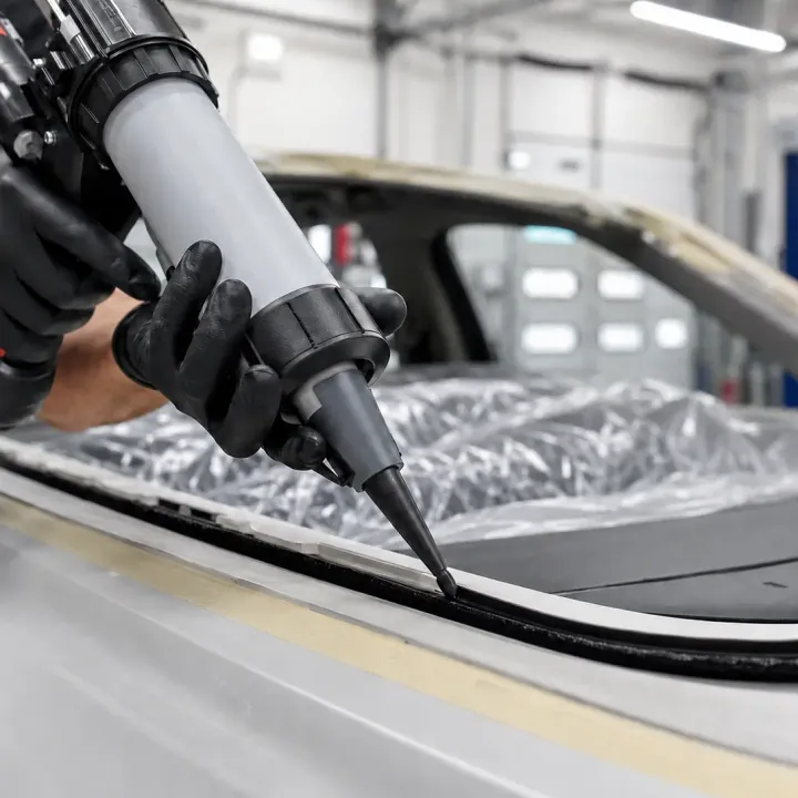 Technician applying urethane adhesive during windshield installation