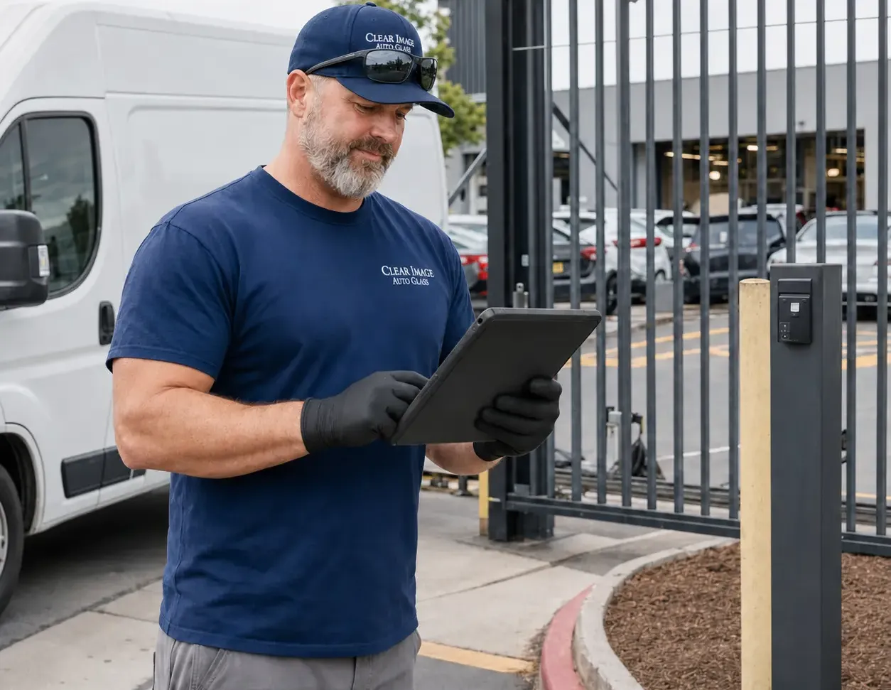 Auto glass technician reviewing service instructions before working on a vehicle