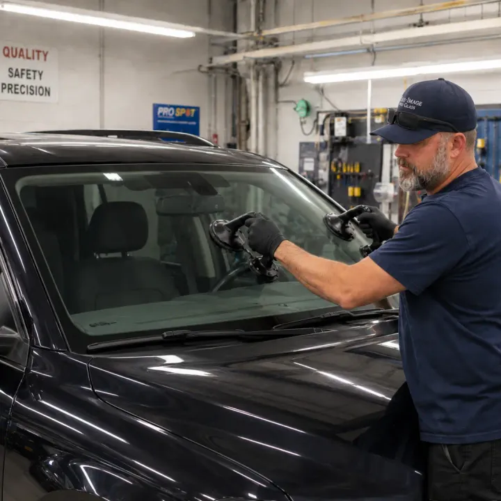 Completed vehicle in an auto repair shop after windshield service