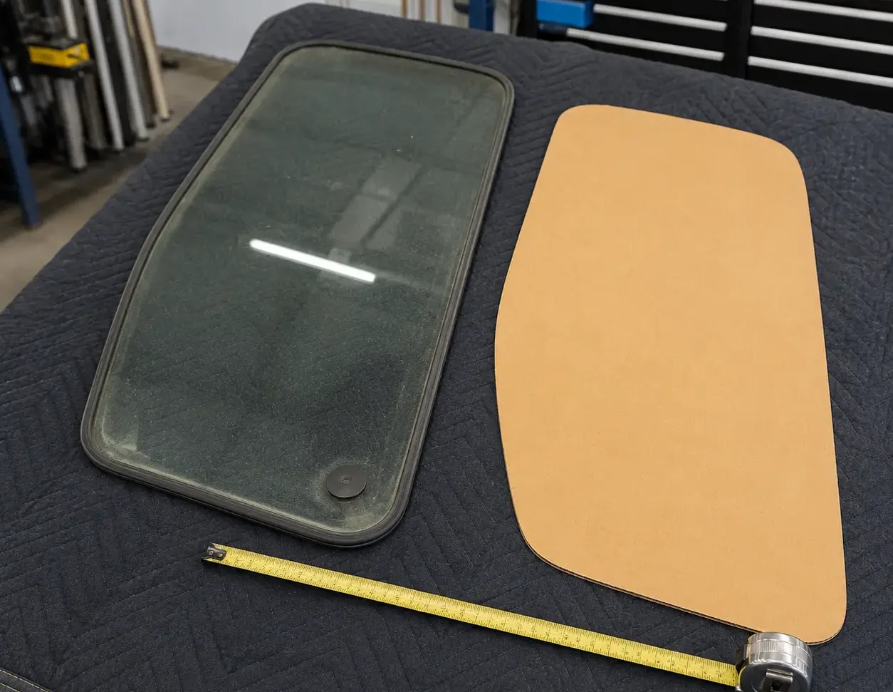 Old curved cab glass panel beside a cardboard template and tape measure on a workbench