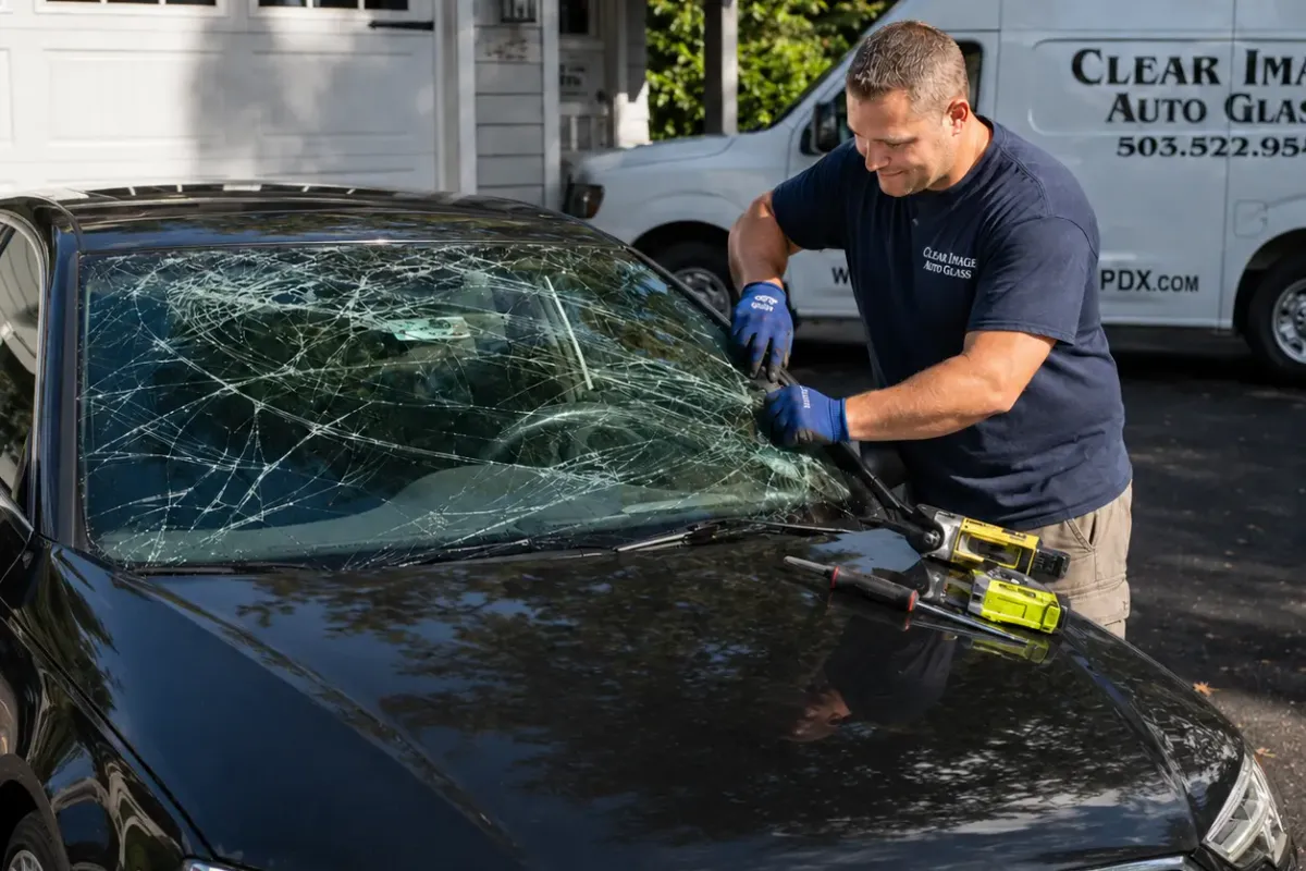 Cracked windshield before Clear Image Auto Glass service