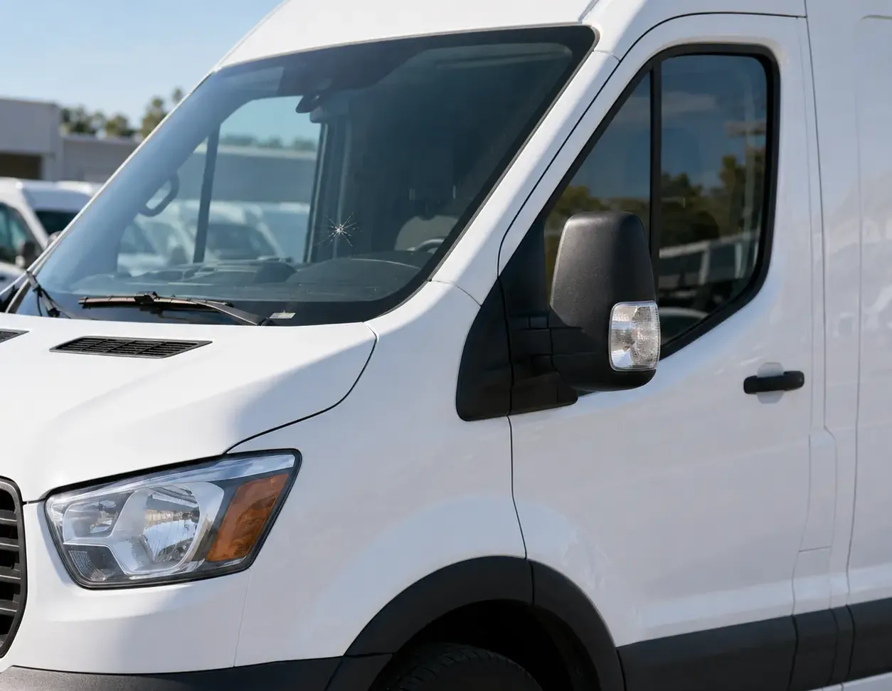 White fleet cargo van showing the location of windshield damage