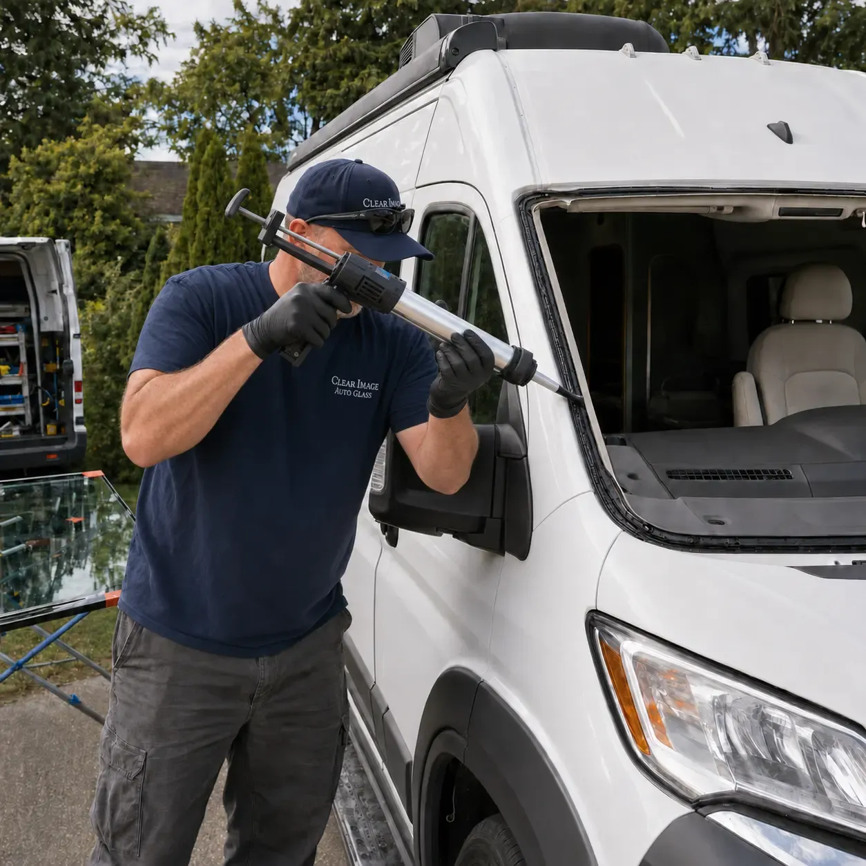 Clear Image technician applying windshield adhesive to a Class B motorhome