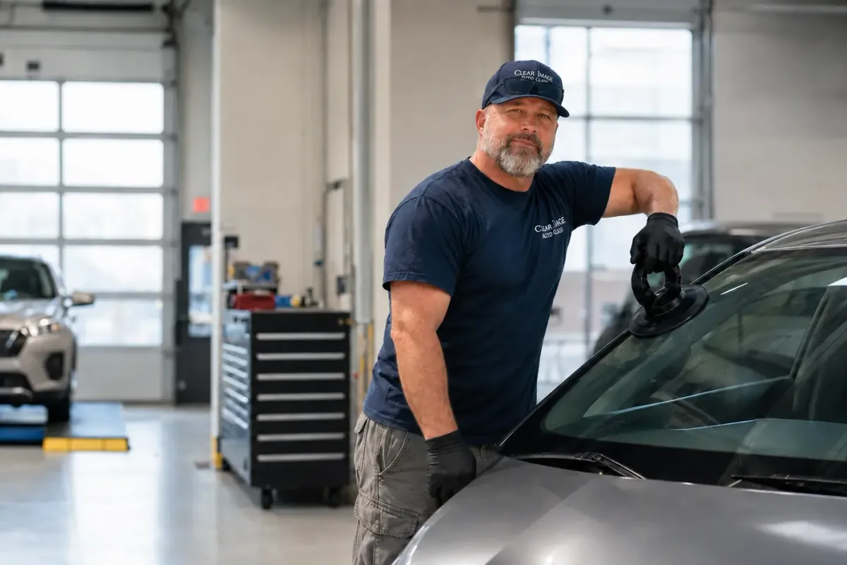 Clear Image technician performing windshield service at a dealership