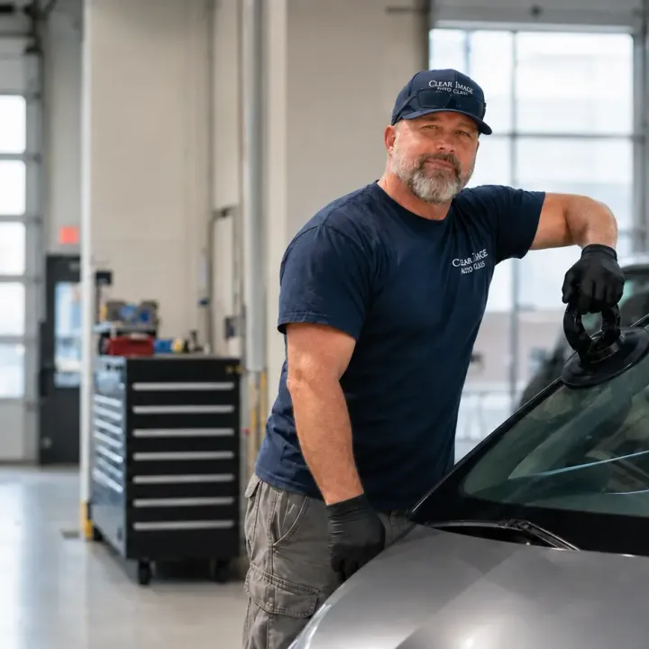 Clear Image technician ready to provide auto glass service at a dealership