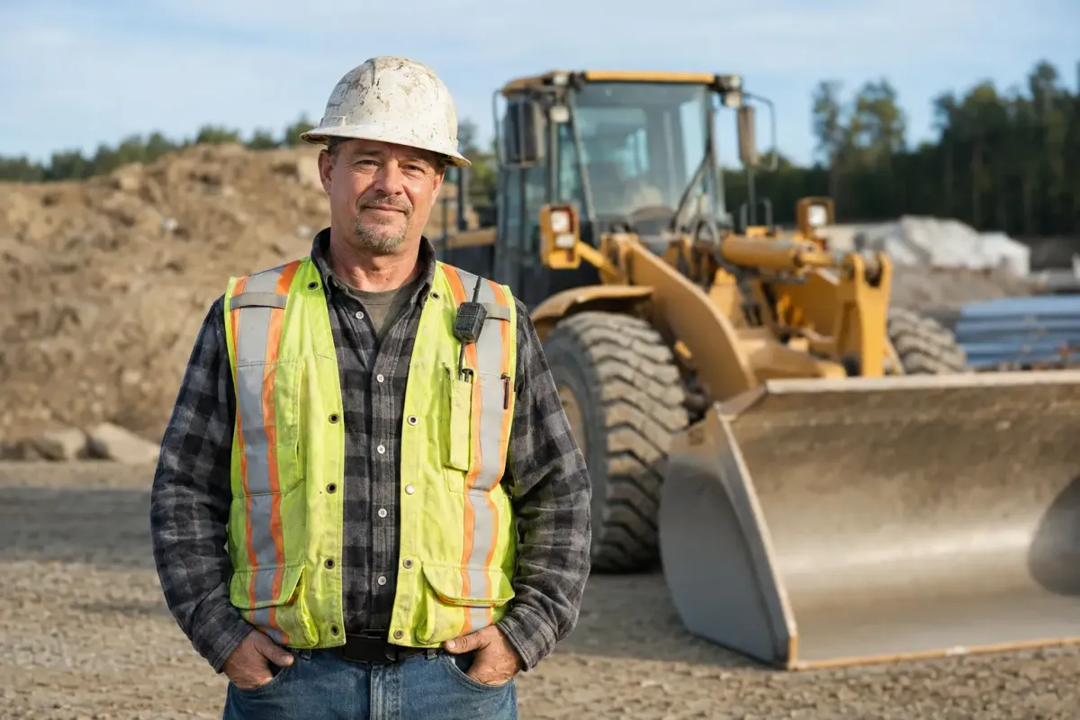 Construction site foreman standing in front of a heavy equipment loader