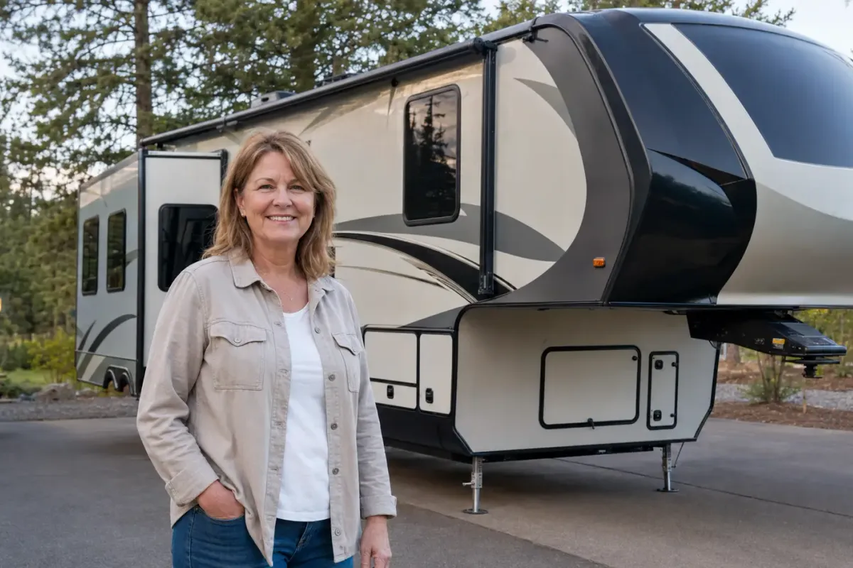 Female customer standing in front of her fifth-wheel trailer