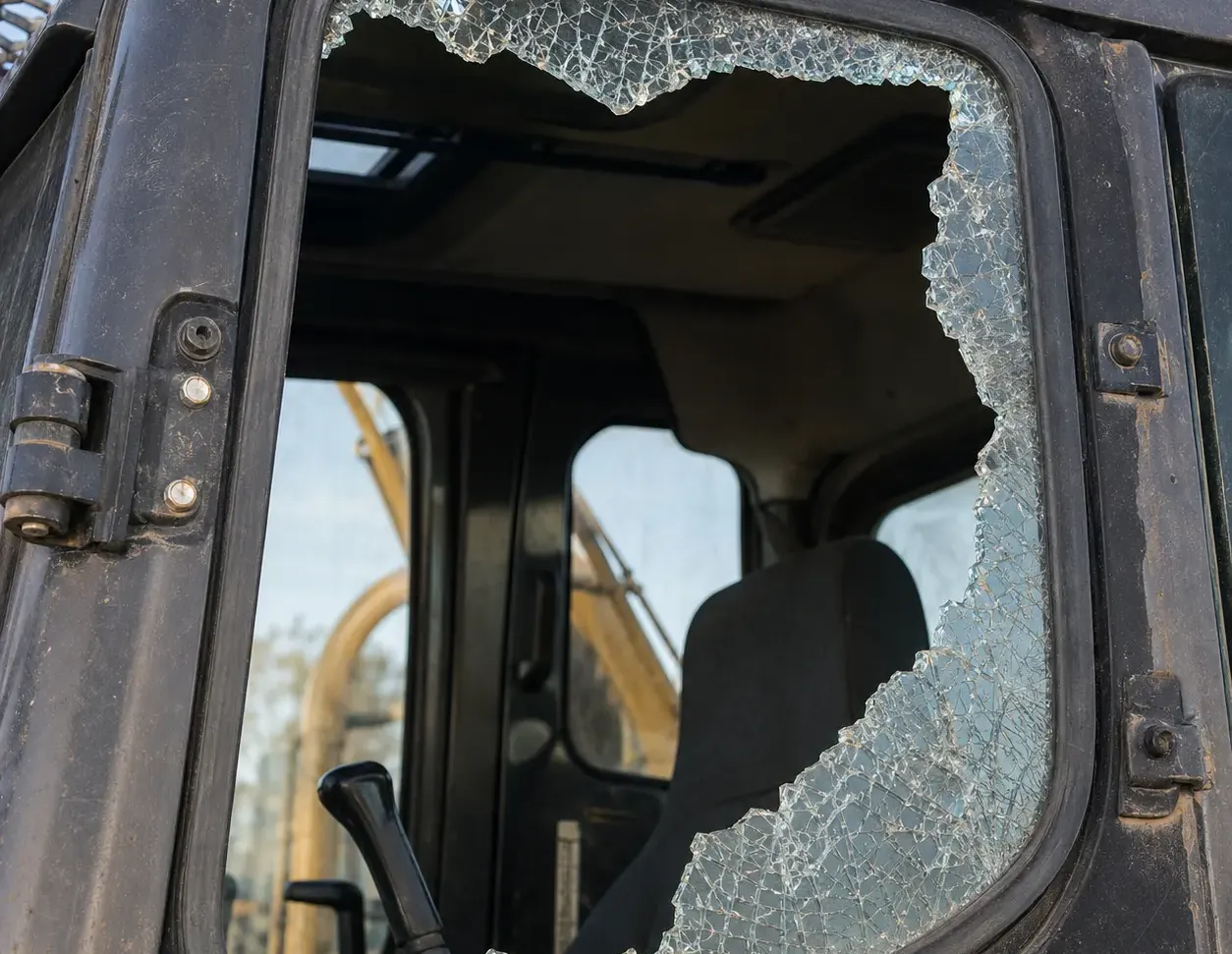 Shattered excavator cab window still seated in its frame, showing the opening, seal, and broken glass