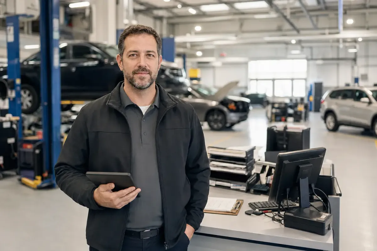 Dealership service manager standing in an automotive service bay