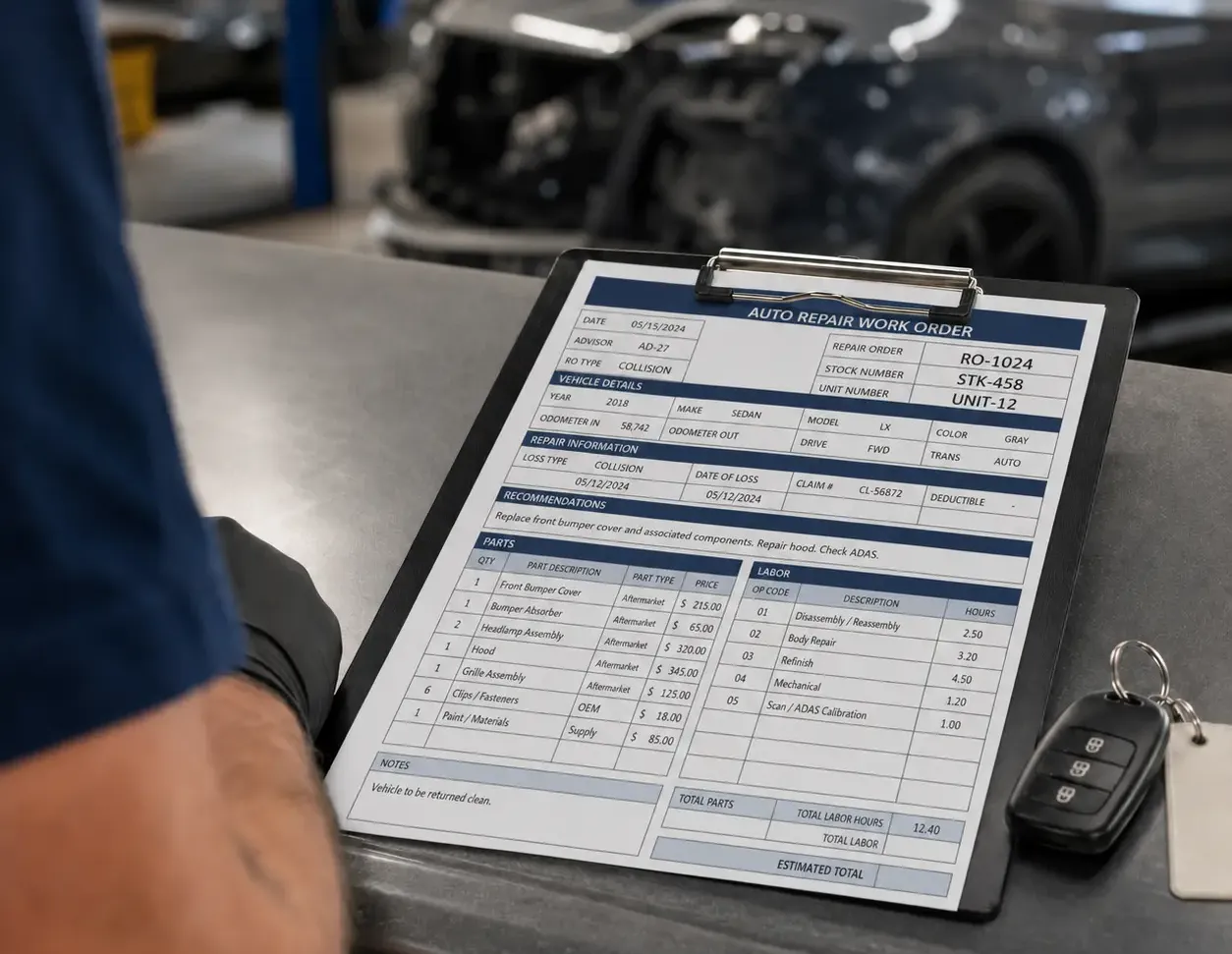 Detailed collision repair work order prepared for an auto glass service request