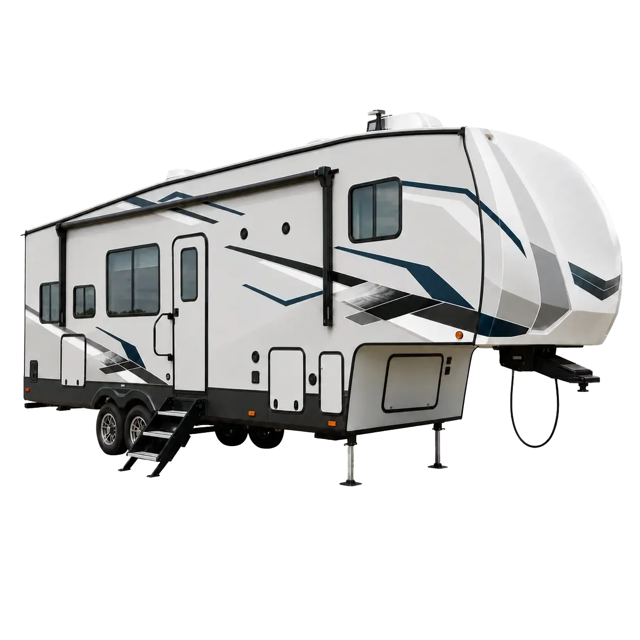Fifth-wheel RV with coach and slide-out glass