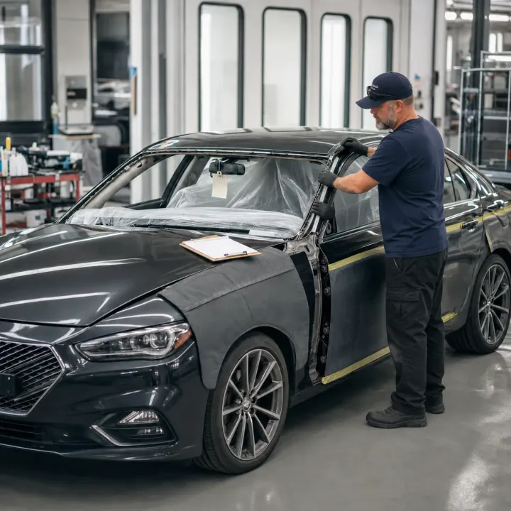 Auto glass technician inspecting vehicle glass for the correct service scope