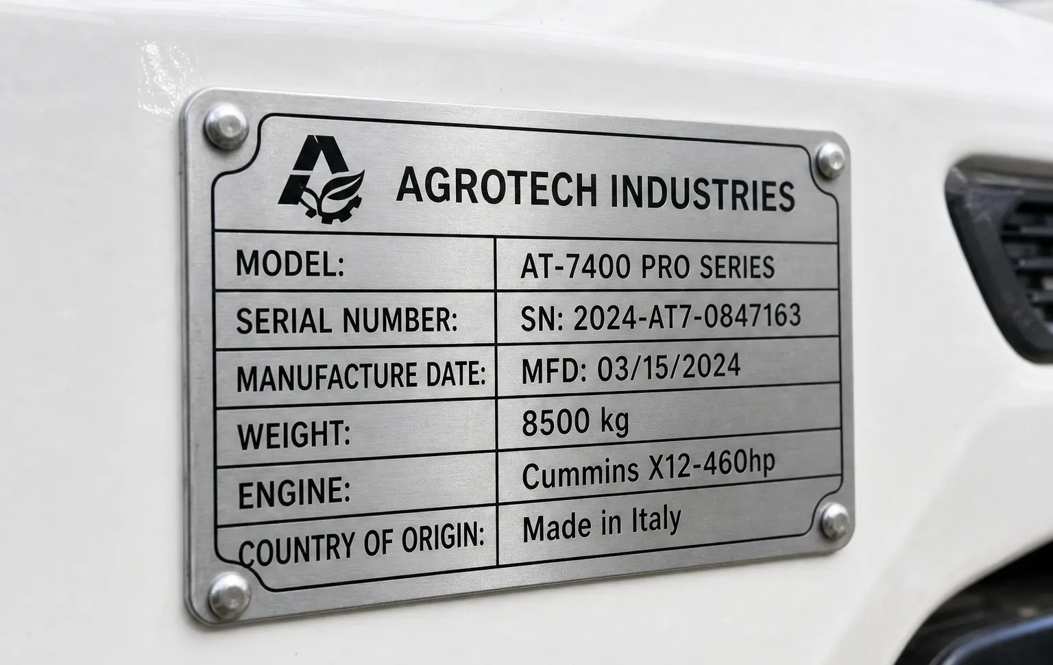Metal identification plate on heavy equipment listing the model, serial number, and manufacture date