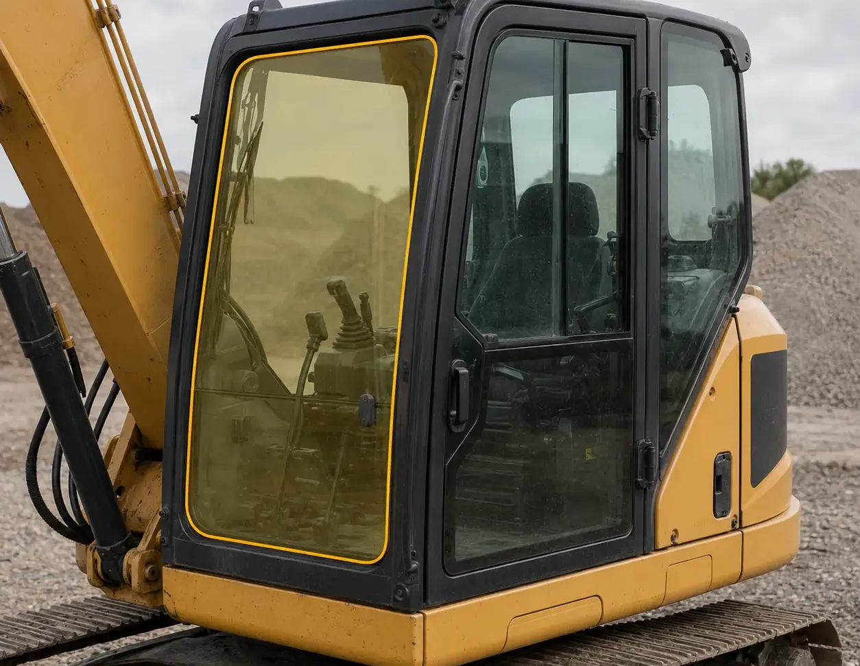 Excavator cab with a single glass panel outlined to identify the exact glass position