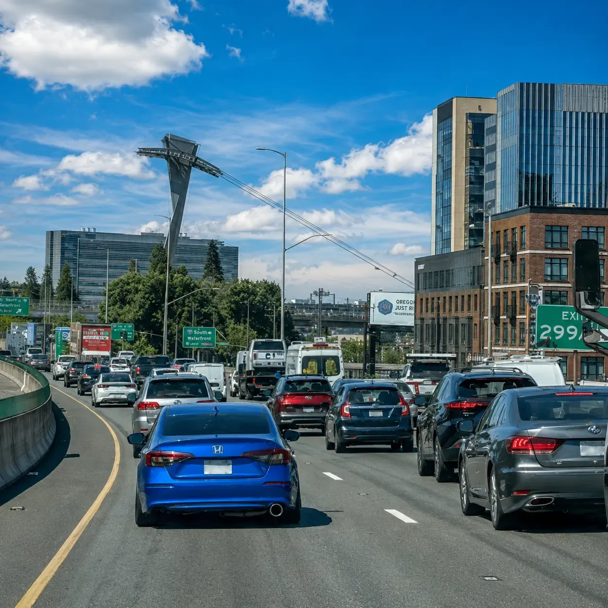 Commuter and commercial traffic backed up in lanes on a highway.
