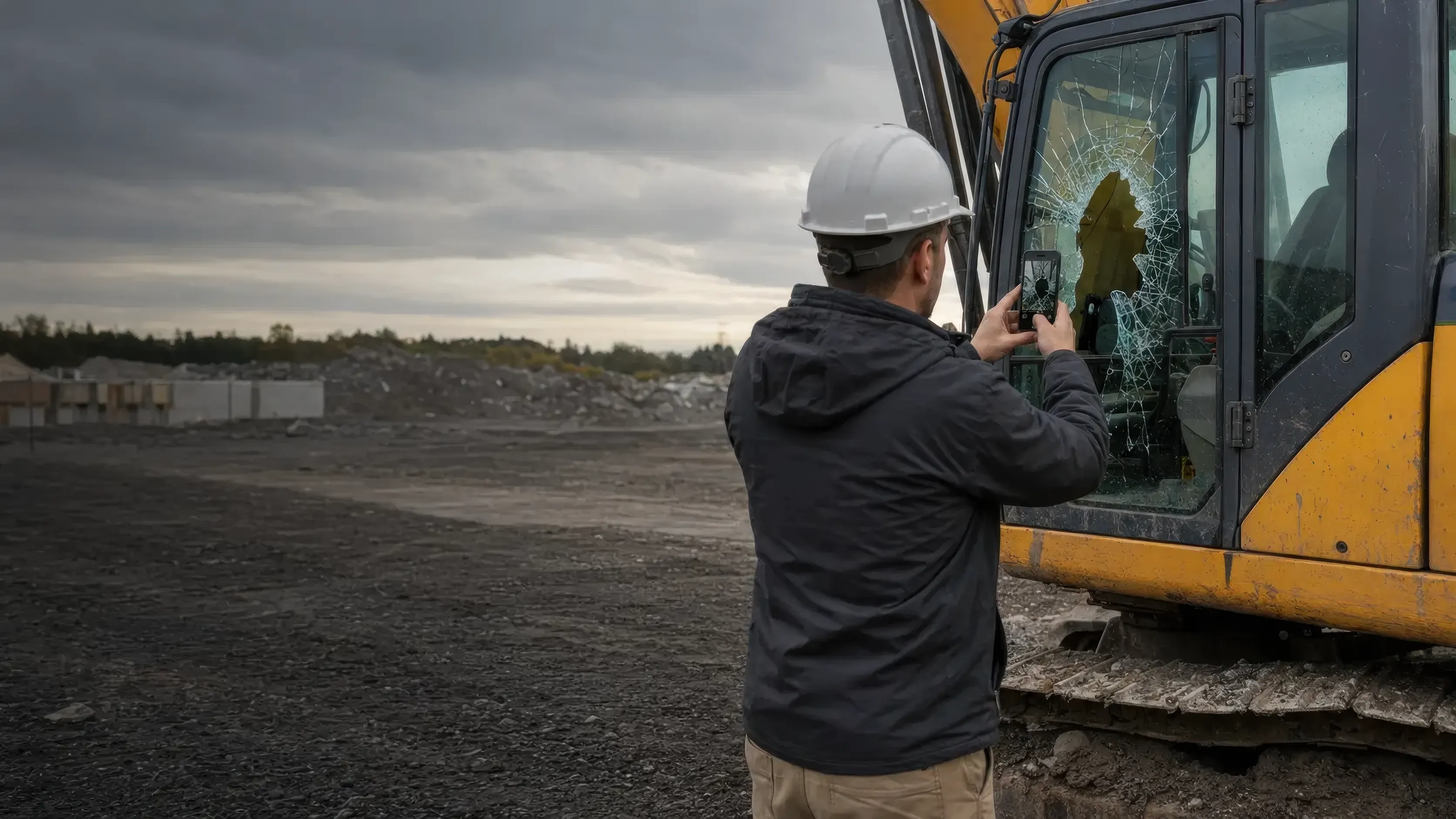 Heavy equipment glass opening prepared for replacement