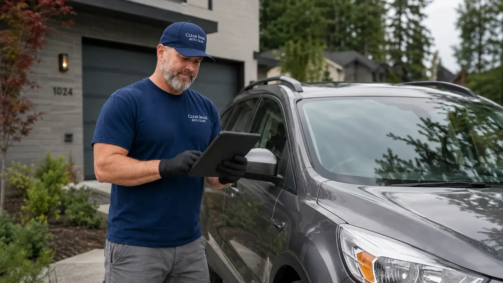 Clear Image technician reviewing vehicle details before auto glass service