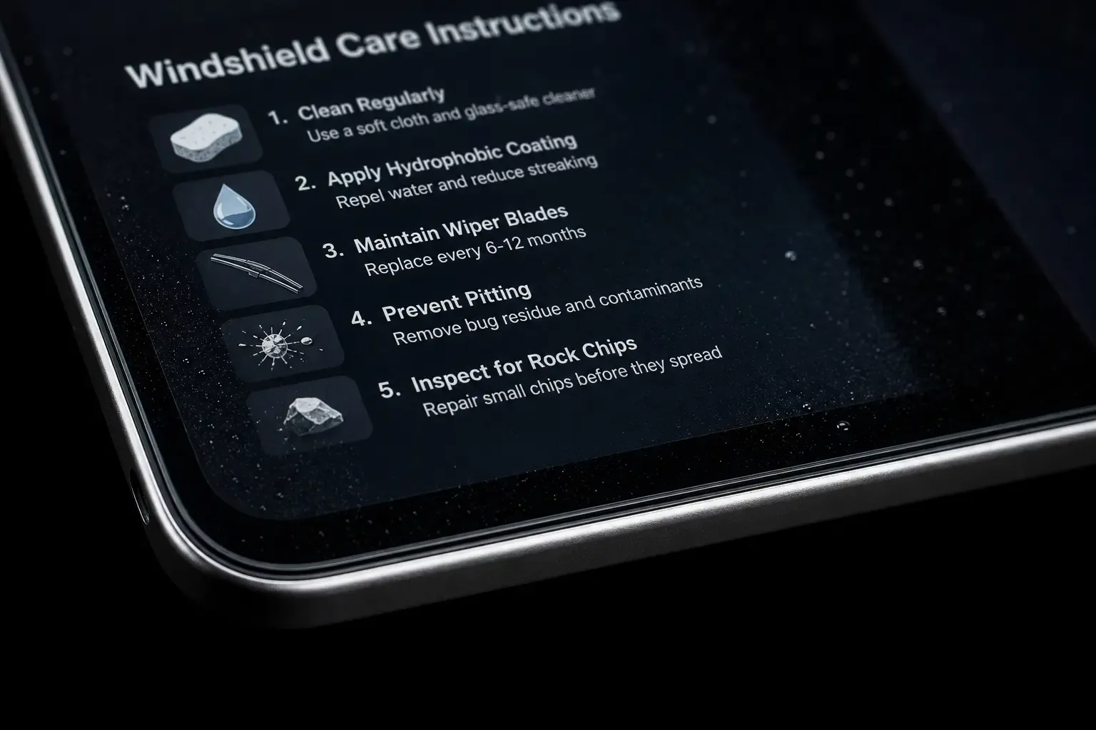Close-up of a tablet displaying windshield after-care instructions for a customer