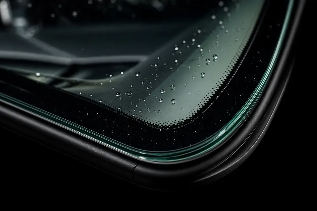Macro view of a clean automotive windshield surface showing the glass edge and layered laminate