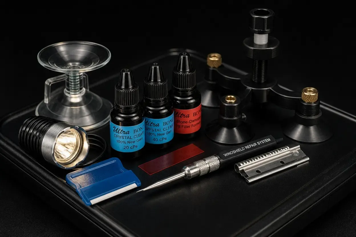 Close-up of a professional rock chip repair kit with resin, injector, and curing tools laid out