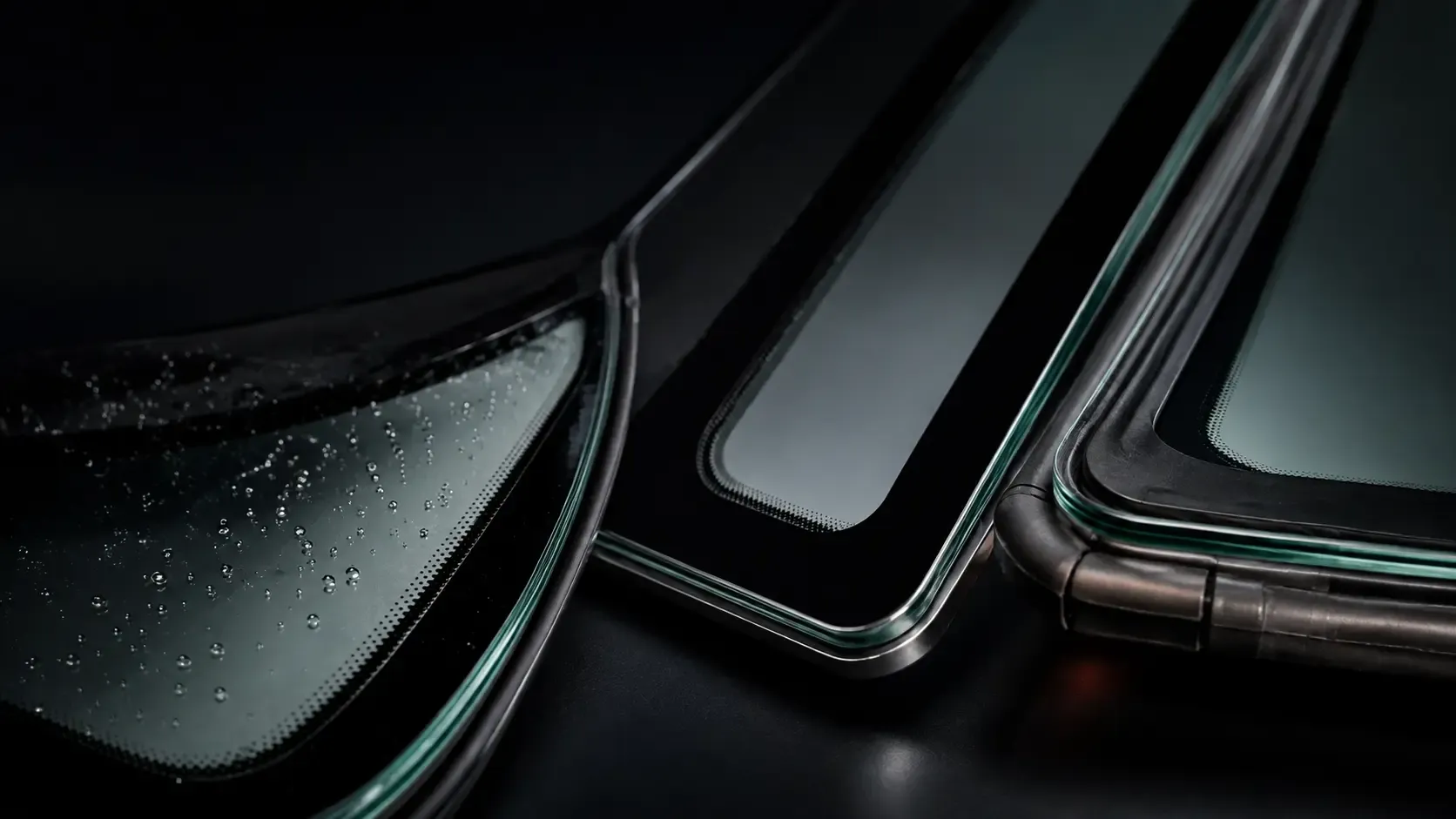 Close-up of three automotive glass profiles stacked side by side showing different thicknesses