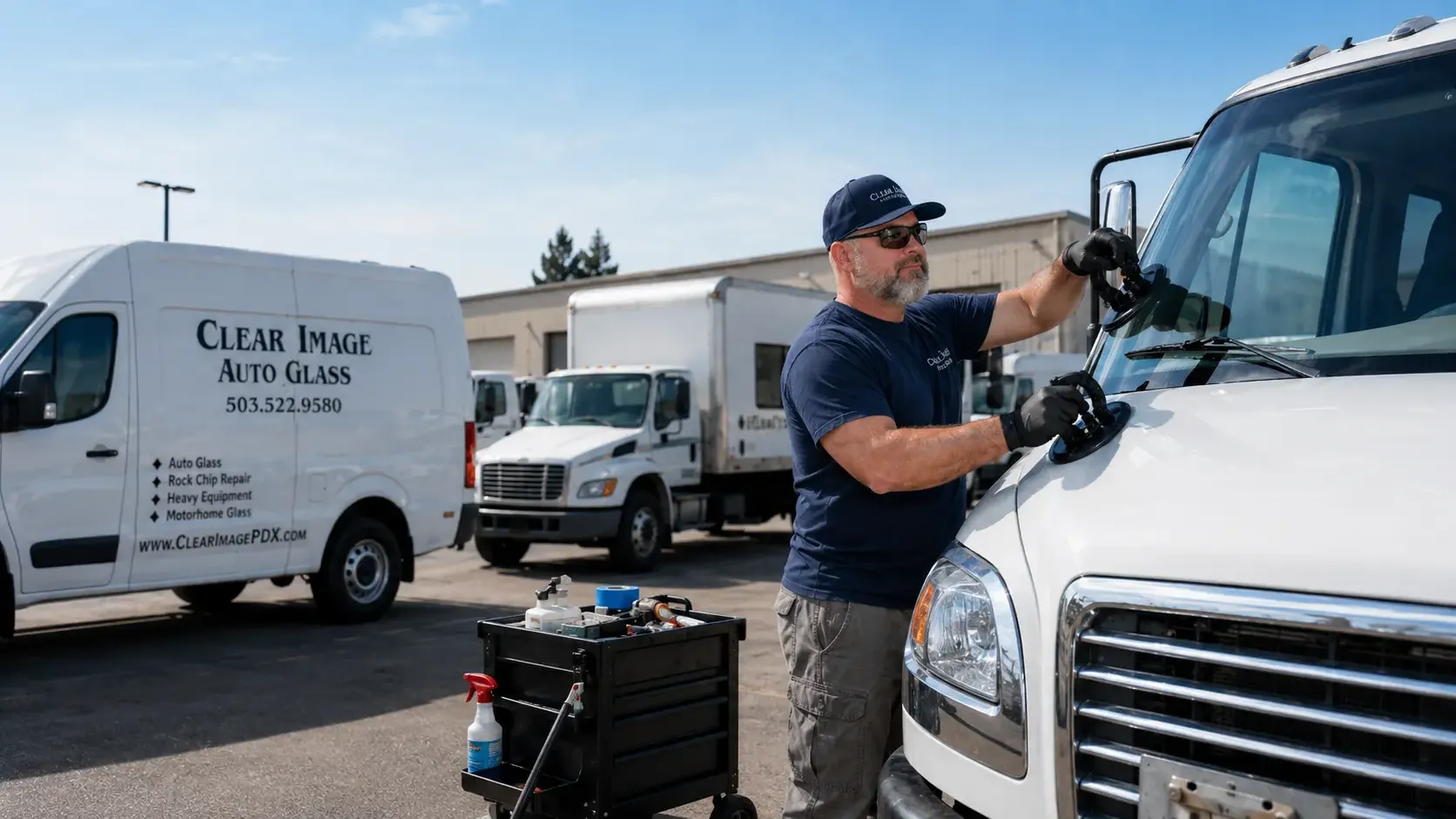 Clear Image Auto Glass technician providing onsite windshield service beside work vehicles