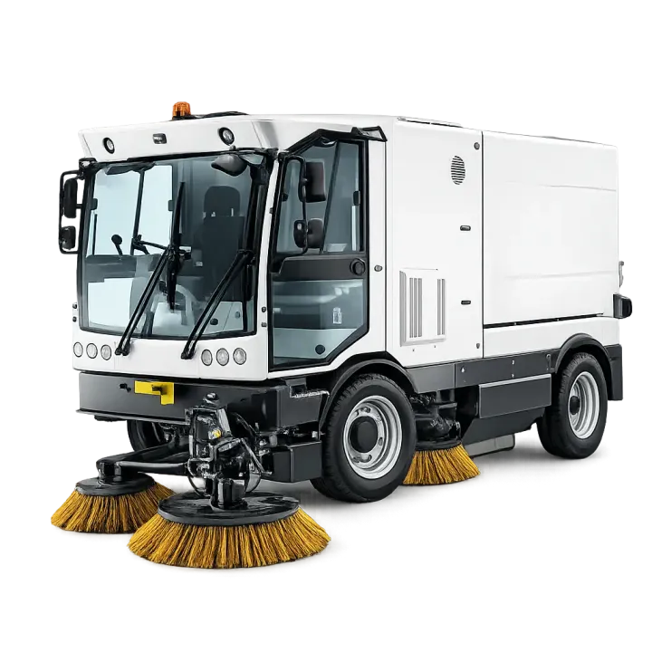 Municipal street sweeper with a glazed operator cab