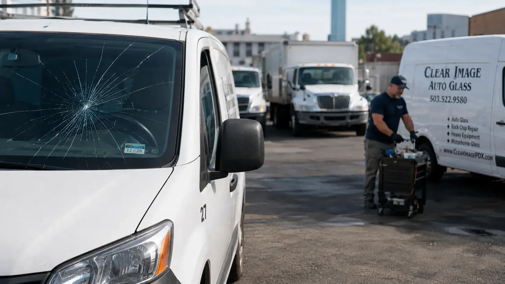 Mobile auto glass technician working beside fleet vehicles at a business lot