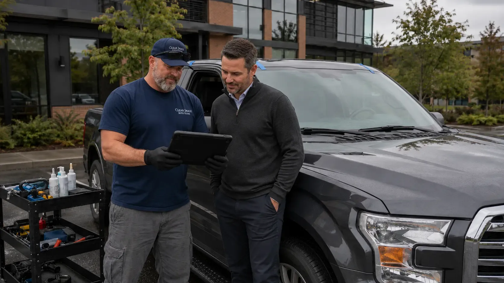 Clear Image technician reviewing care instructions with a customer beside their truck