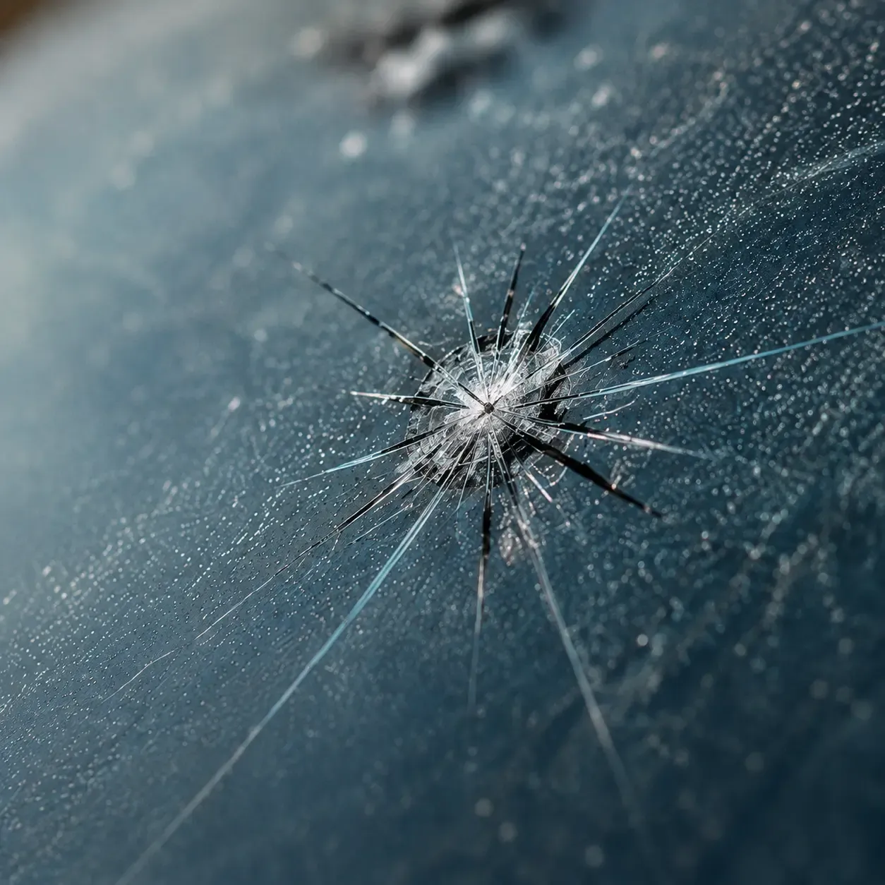 Close-up of a star-break rock chip spreading across a vehicle windshield.