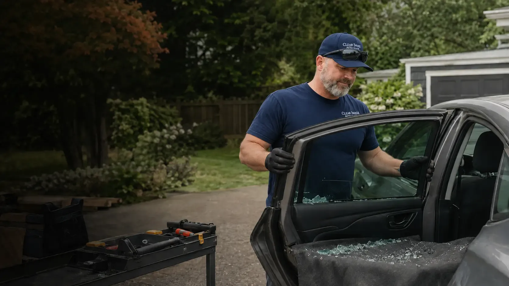Clear Image Auto Glass technician replacing vehicle door glass