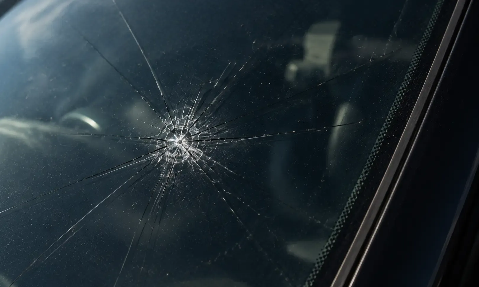 Close-up of a starburst crack spreading across a windshield