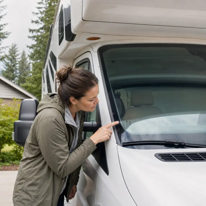 RV owner pointing out the glass marking in the corner of a Class C motorhome windshield