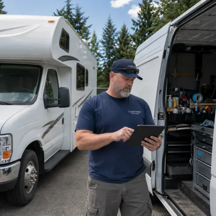 Clear Image technician reviewing RV glass sourcing details on a tablet beside a Class C motorhome and service van