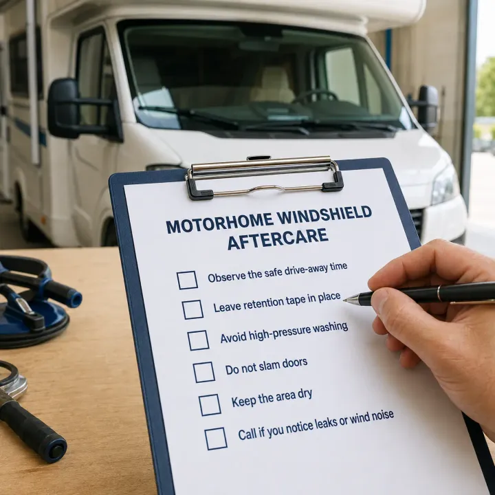 Motorhome windshield aftercare checklist reviewed in front of a completed Class C motorhome