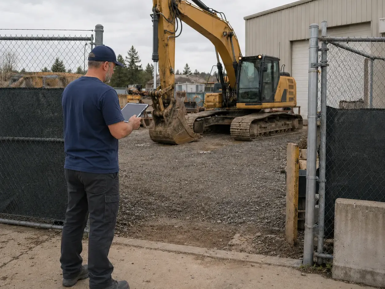 Tracked excavator parked on an open gravel job site