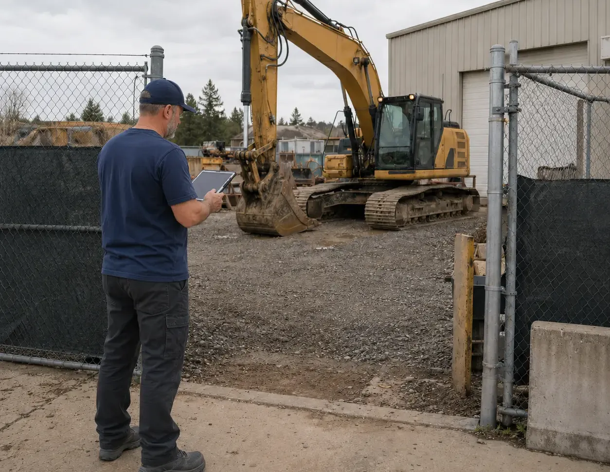 Tracked excavator parked on an open gravel job site