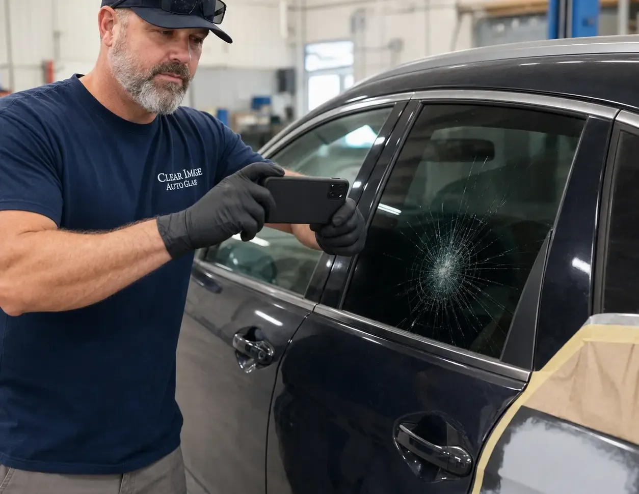 Technician documenting cracked rear door glass during a vehicle repair