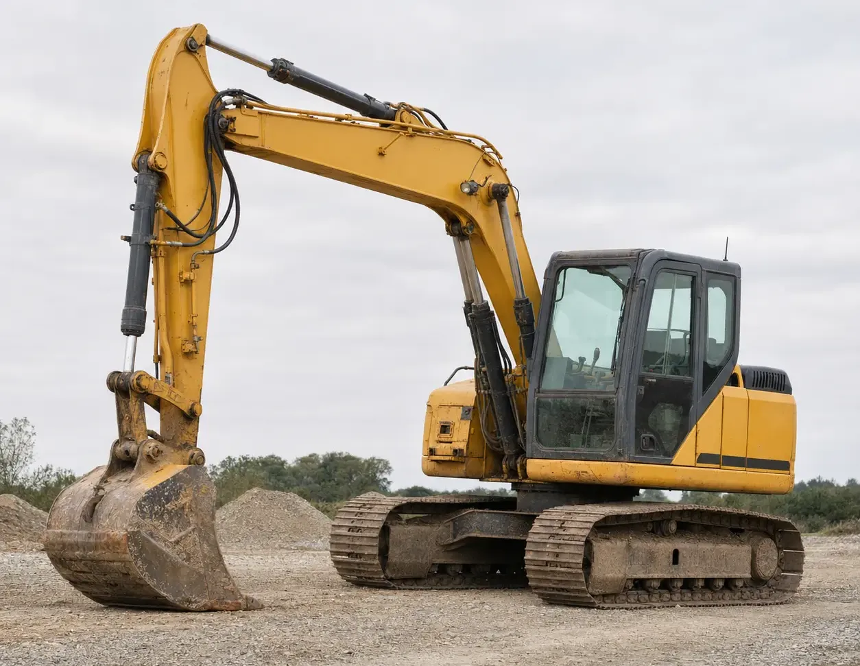 Technician reviewing equipment details on a tablet near a parked excavator