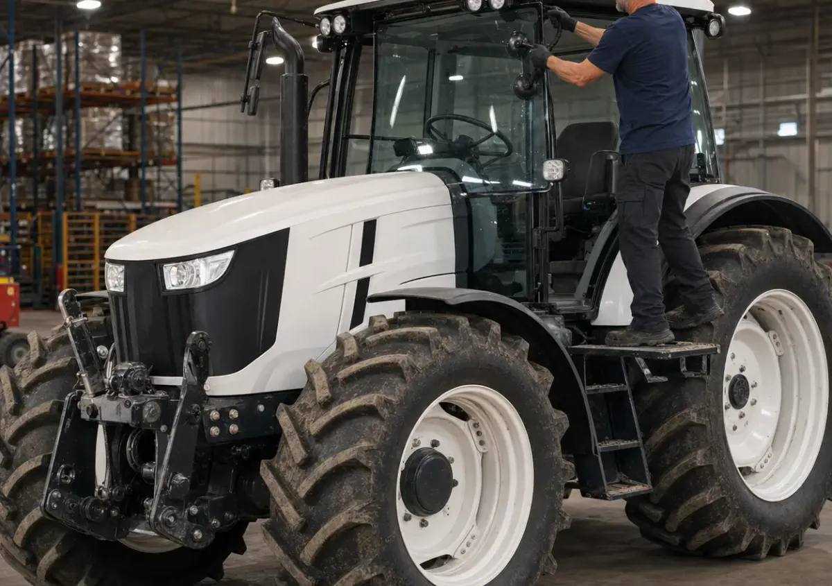 Technician reviewing the cab glass and opening on an agricultural tractor