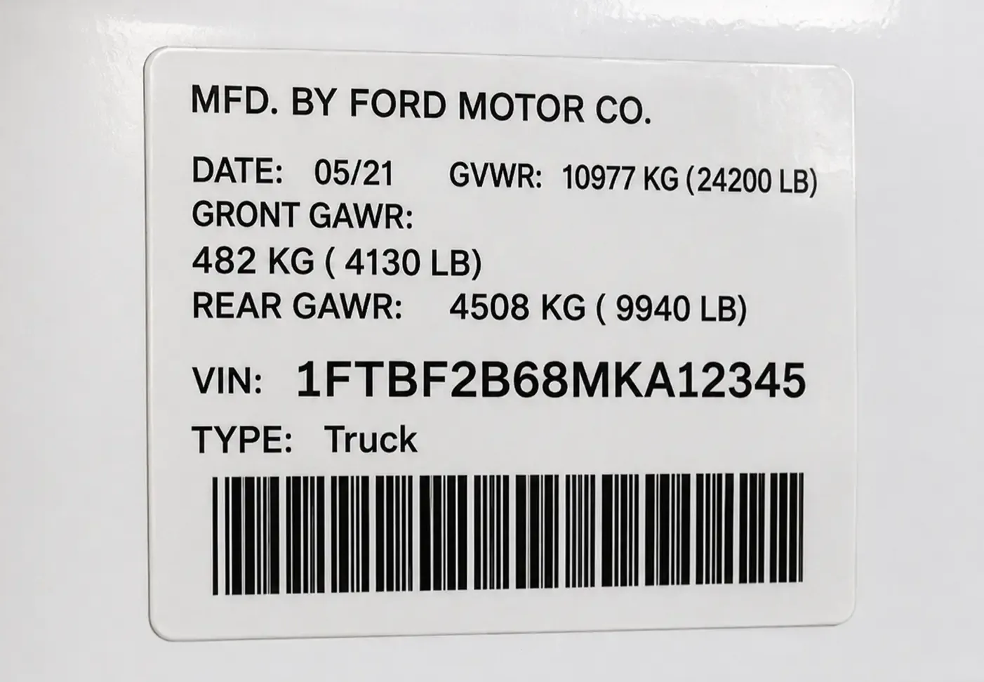Vehicle information label showing the VIN and manufacturer details