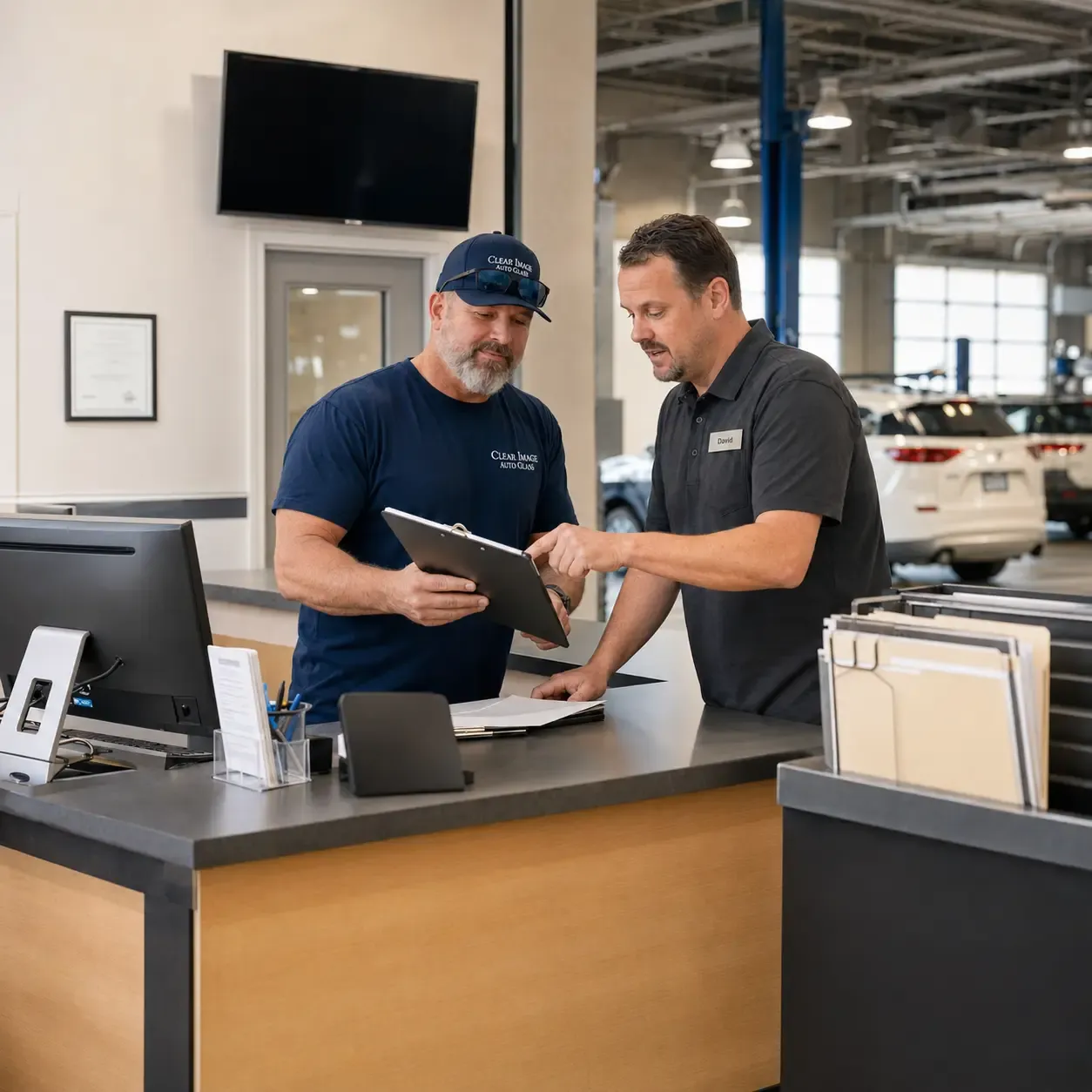 Kiel Eby coordinating vehicle service details with an automotive business partner.