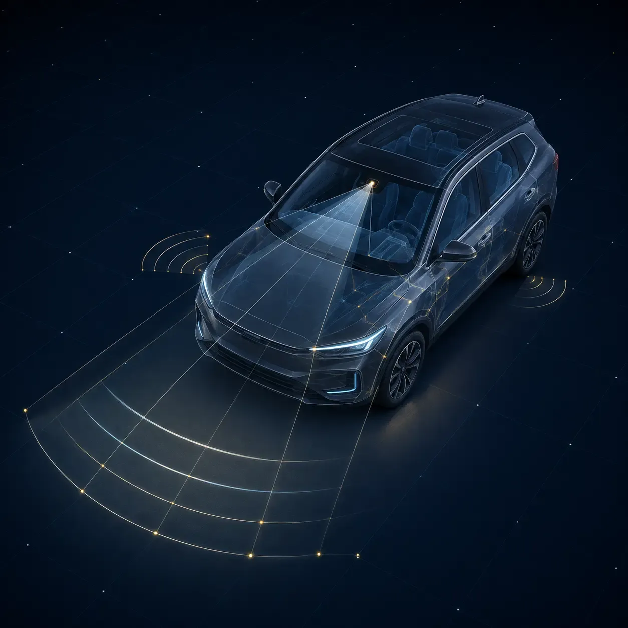 Windshield-mounted ADAS camera aligned above a vehicle calibration target